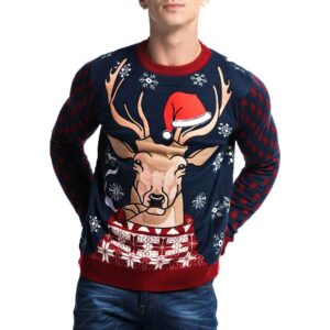 Men‘s Ugly Christmas Sweater Unisex Novelty Santa Pullover for Party Fun Reindeer with Hat Medium