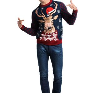 Men‘s Ugly Christmas Sweater Unisex Novelty Santa Pullover for Party Fun Reindeer with Hat Medium