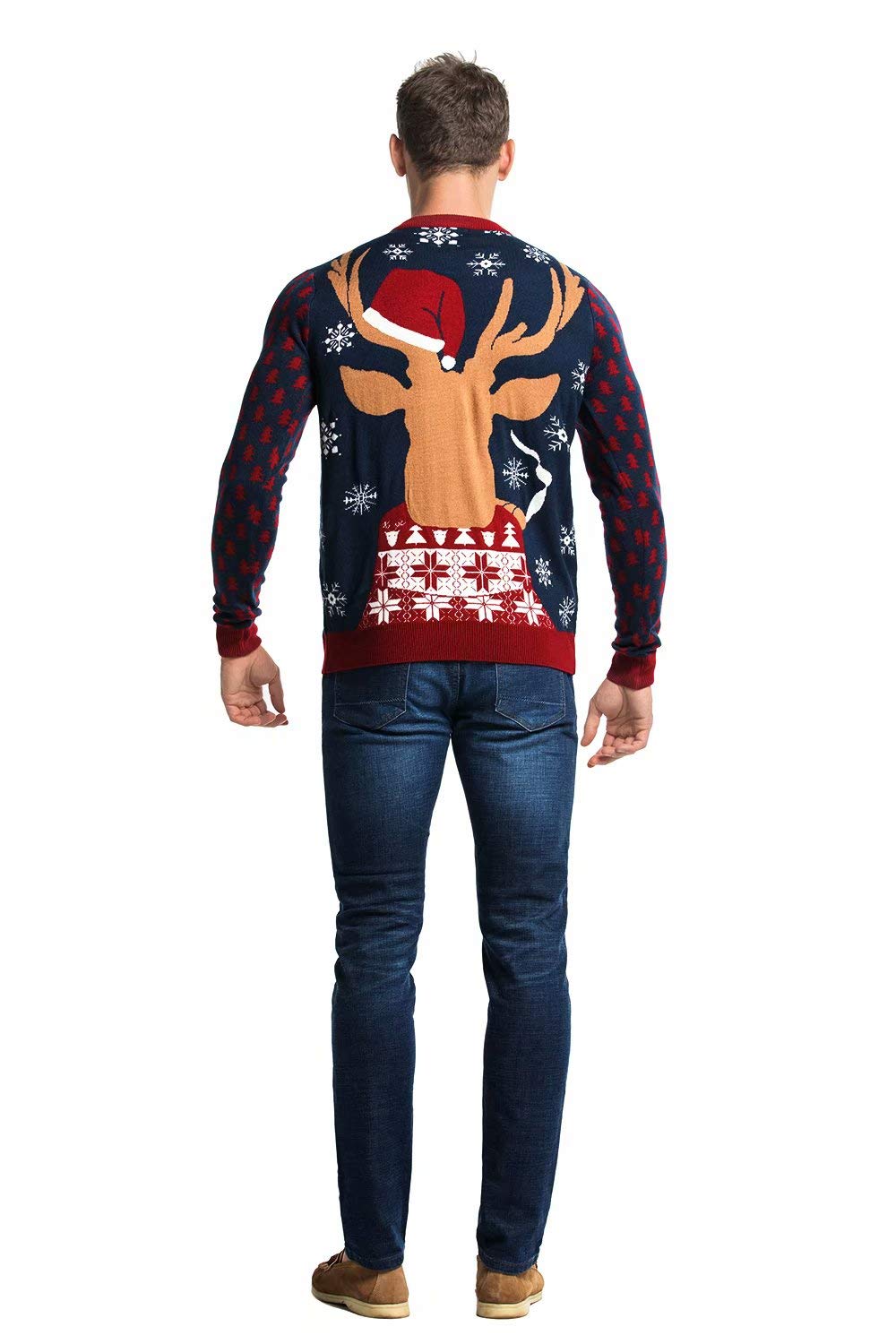 Men‘s Ugly Christmas Sweater Unisex Novelty Santa Pullover for Party Fun Reindeer with Hat Medium