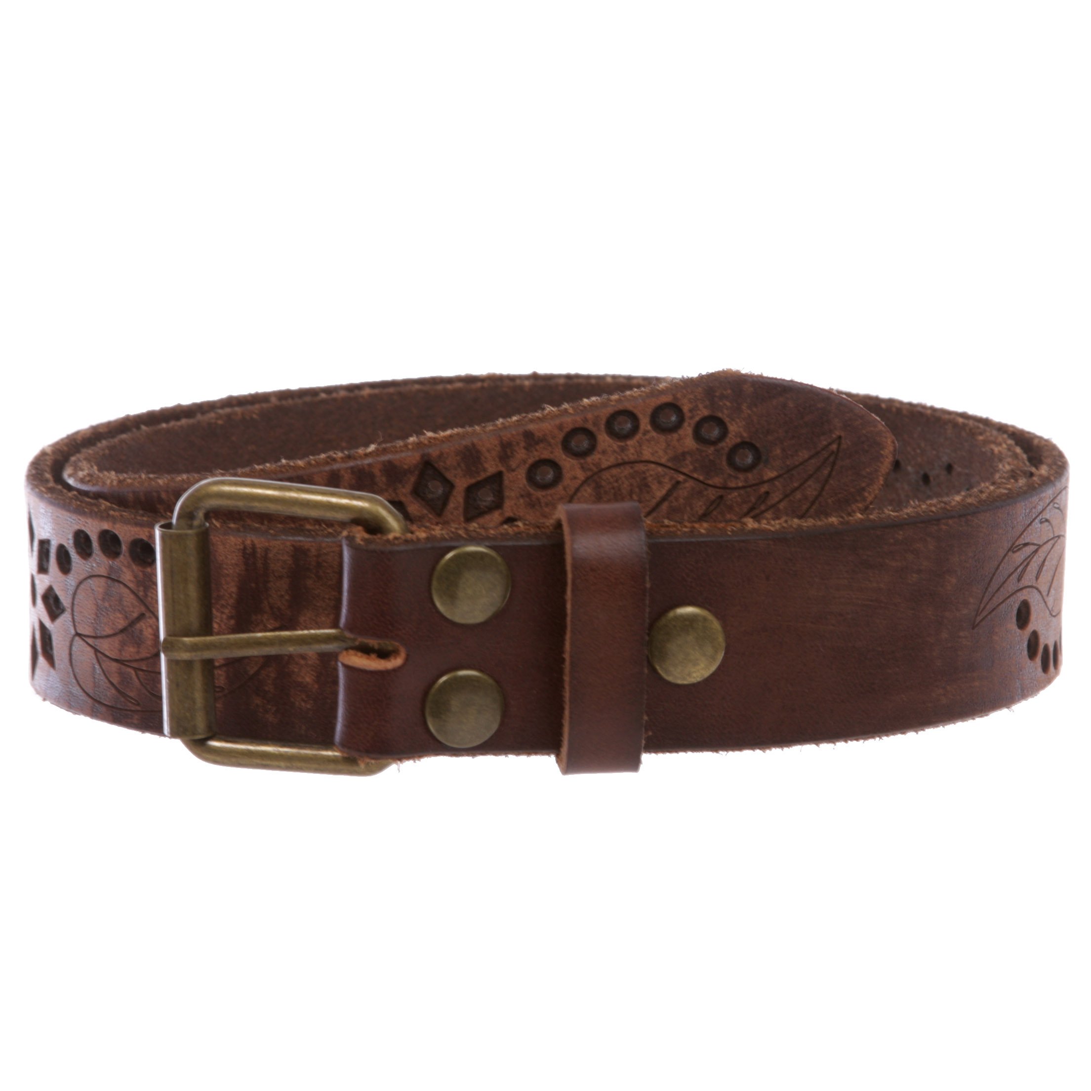 1 1/4" Snap On Embossed Floral Leaf Perforated Vintage Soft Cowhide Full Grain Thick Leather Casual Jean Belt, Brown | 32"