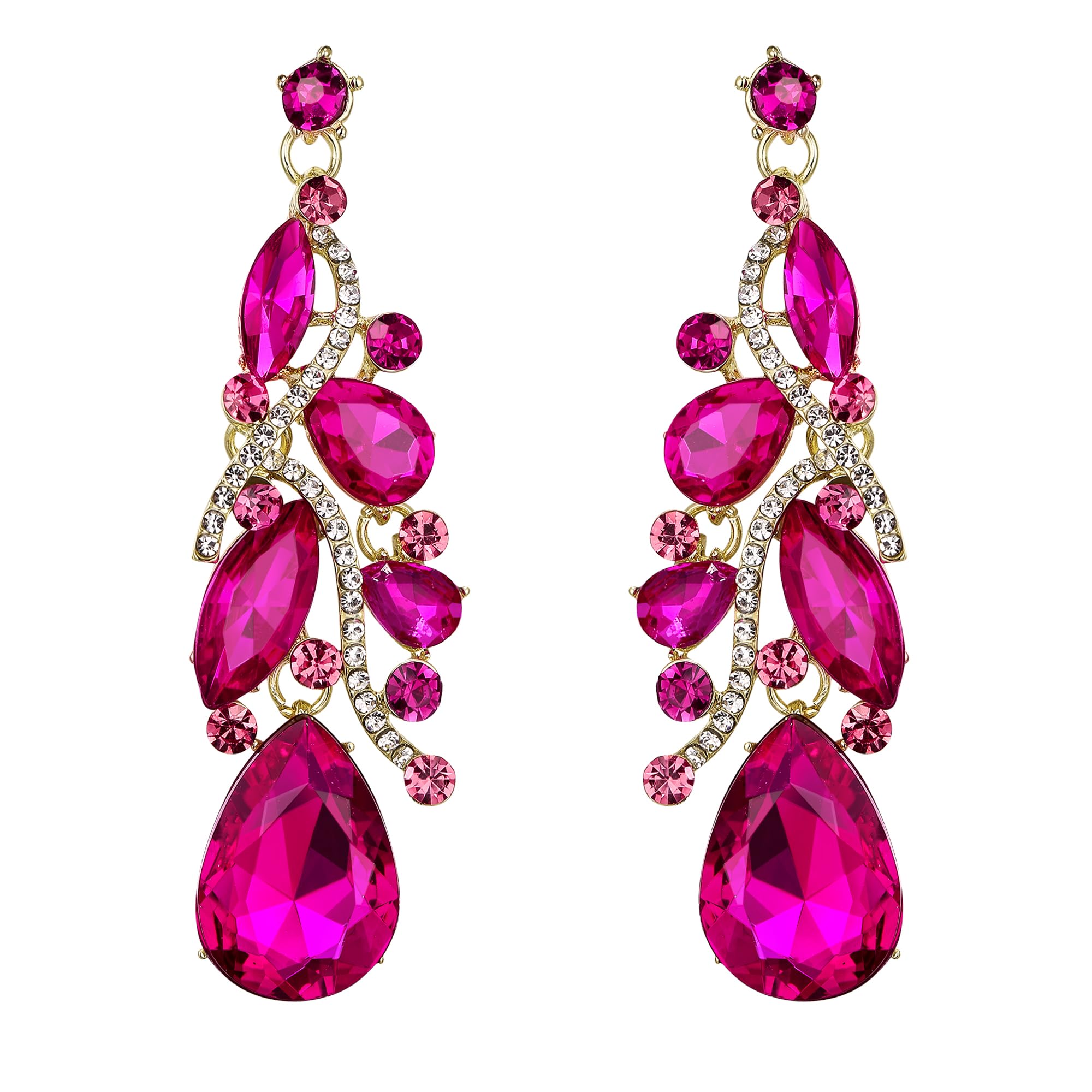 BriLove Women's Bohemian Boho Dangle Earrings with Crystal Multi Teardrop Filigree Cluster Chandelier Fuchsia Gold-Tone