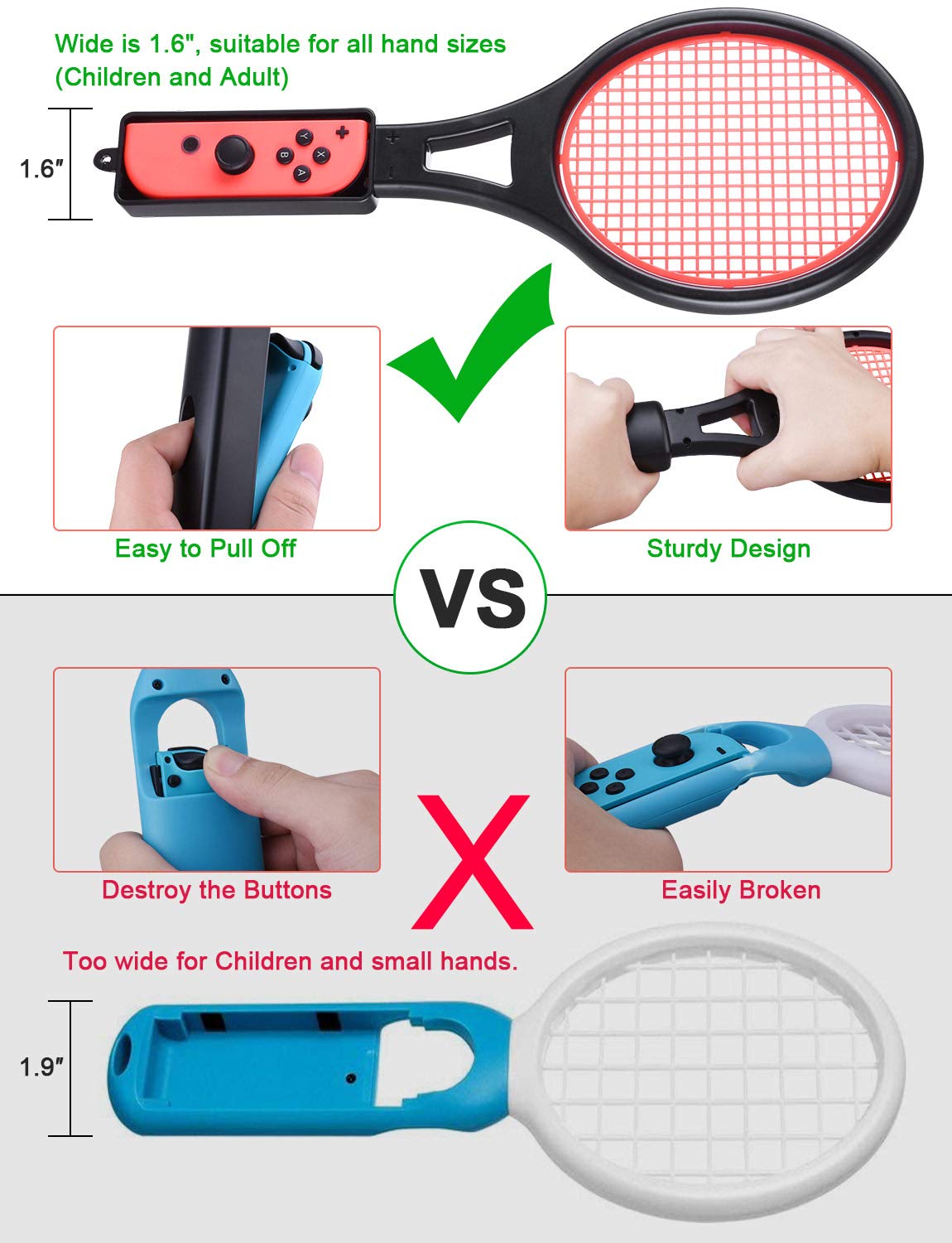 Tendak Tennis Racket for Nintendo Switch Joy-Con, Game Accessories for Mario Tennis Aces Game with 12 in 1 Game Card Case (2 Pack, Black)