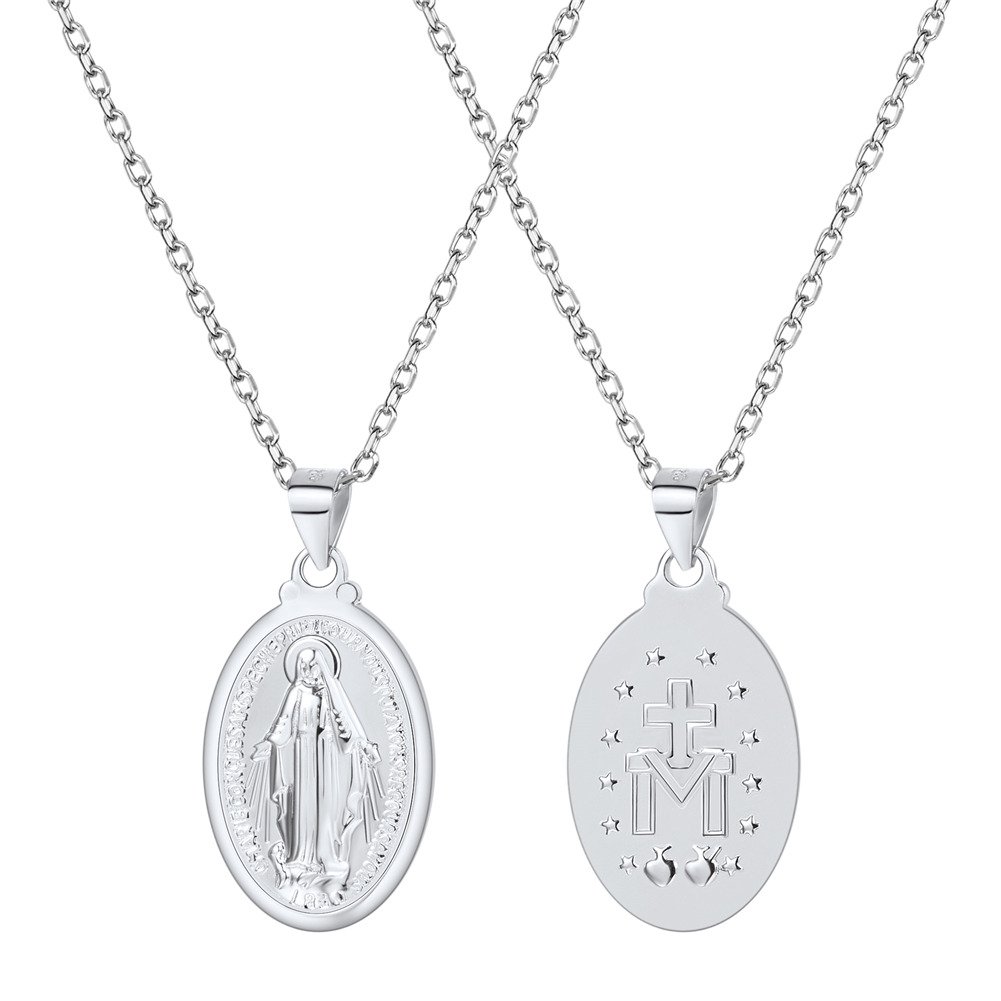 U7 925 Sterling Silver Virgin Mary Necklace Pendant with 20" Chain Catholic Gift for Women Gilrs Oval Miraculous Medal Jewelry