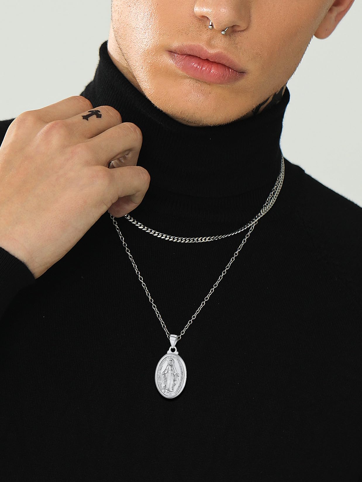 U7 925 Sterling Silver Virgin Mary Necklace Pendant with 20" Chain Catholic Gift for Women Gilrs Oval Miraculous Medal Jewelry