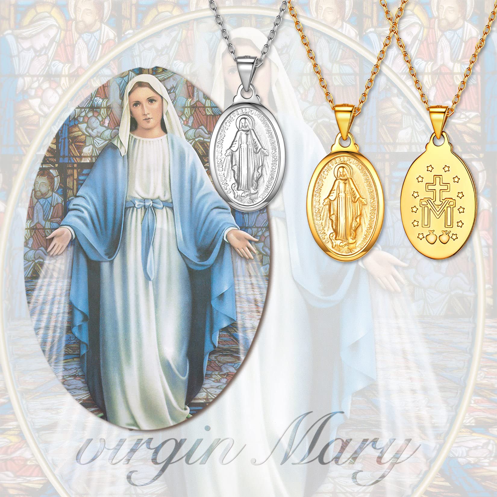 U7 925 Sterling Silver Virgin Mary Necklace Pendant with 20" Chain Catholic Gift for Women Gilrs Oval Miraculous Medal Jewelry