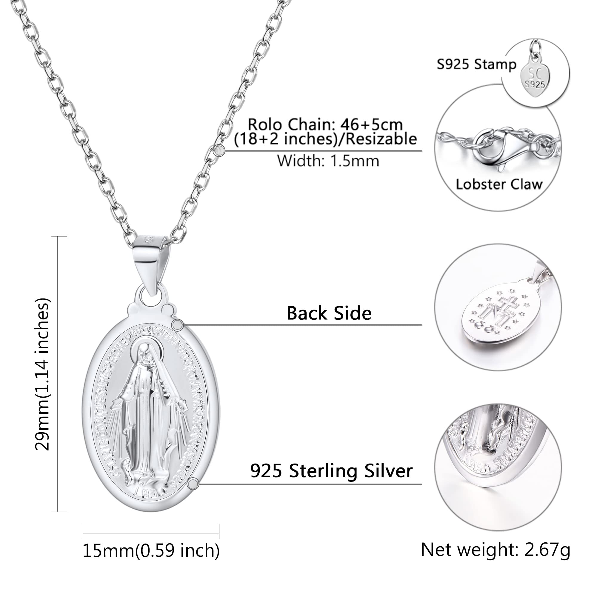 U7 925 Sterling Silver Virgin Mary Necklace Pendant with 20" Chain Catholic Gift for Women Gilrs Oval Miraculous Medal Jewelry