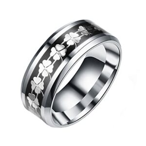 PAMTIER Titanium Steel 8 MM Four Clover Leaf Inlay Pattern Rings for Women Beveled Edges Black Size 9