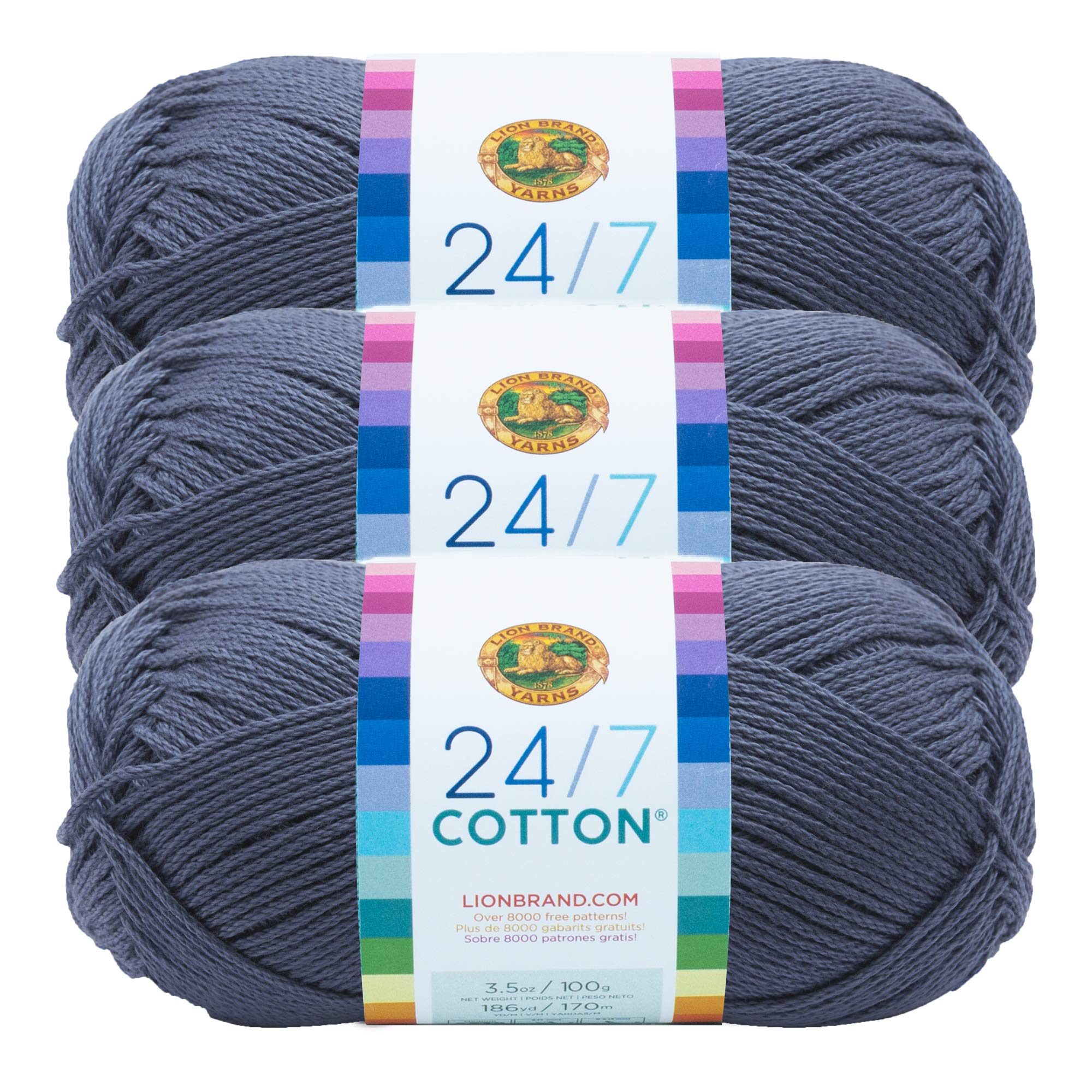 (3 Pack) Lion Brand Yarn 761-108 24/7 Cotton Yarn, Denim