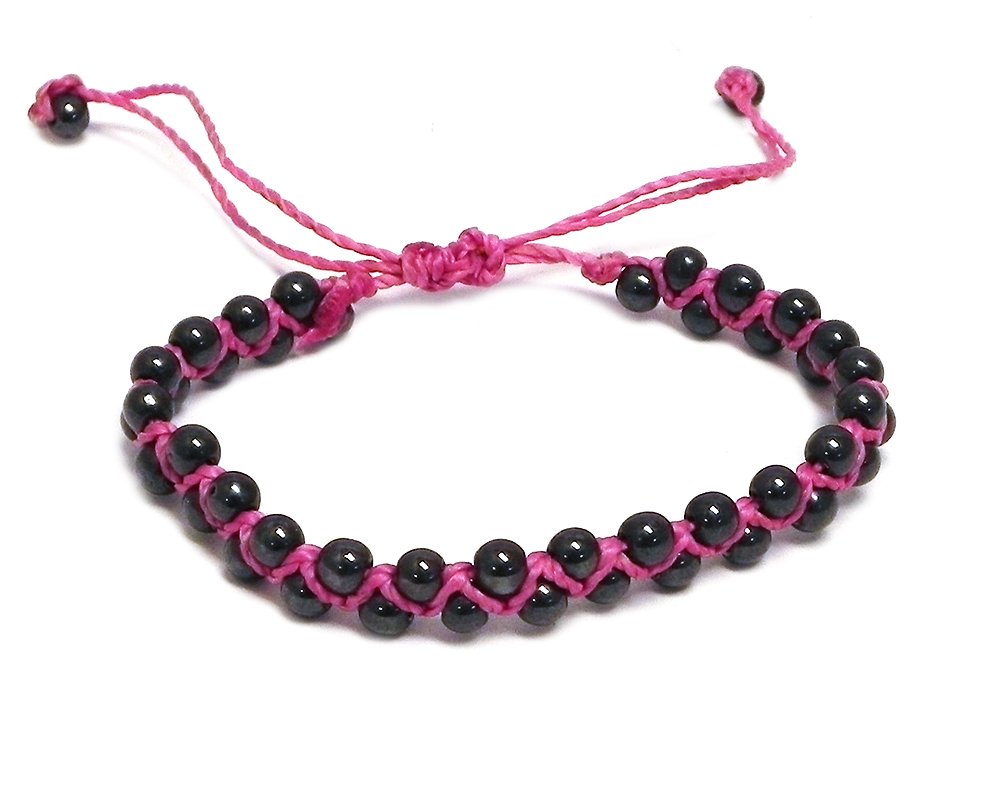 Mia Jewel Shop Hematite Healing Gemstone Crystal Beaded Macramé Braided String Adjustable Pull Tie Bracelet - Handmade Jewelry Boho Accessories (Pink)