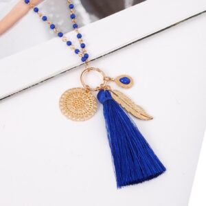 Long Necklaces Bohemia Tassel Leaf Teardrop Disk Circle Pendant necklace For Women Y Shaped Necklace Sets (Royal blue)