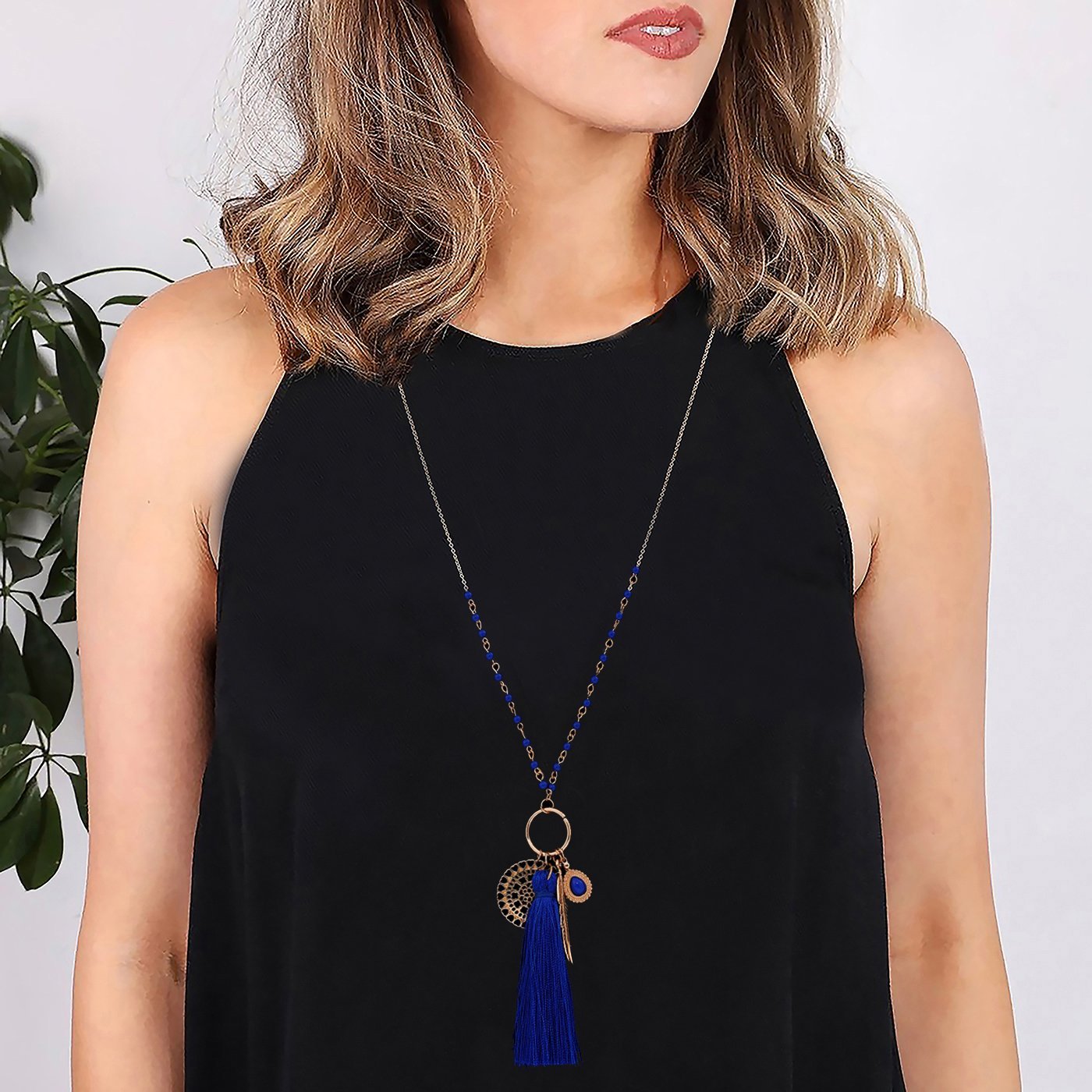 Long Necklaces Bohemia Tassel Leaf Teardrop Disk Circle Pendant necklace For Women Y Shaped Necklace Sets (Royal blue)