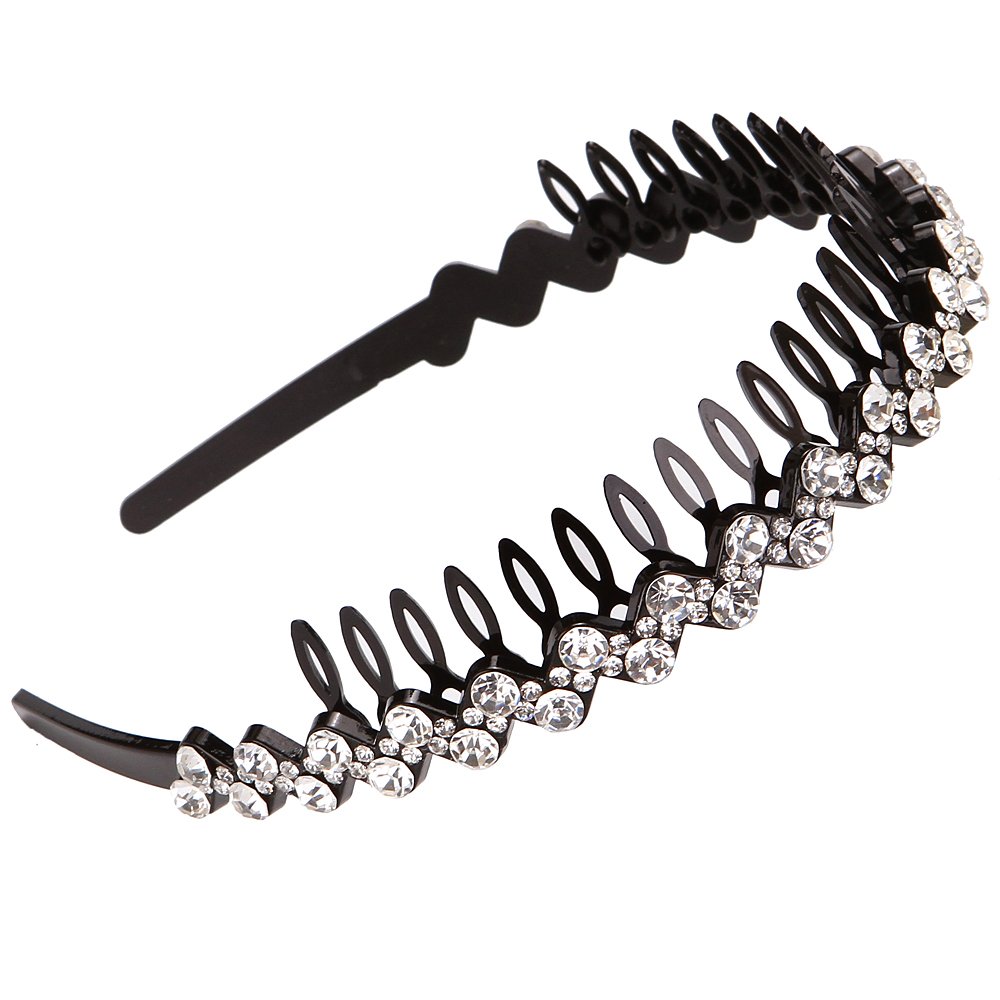 LONEEDY Wave Rhinestone and Crystal Teeth Comb Headbands For Women, Non-slip Hard Headbands (Silver+Gold+Dark blue)