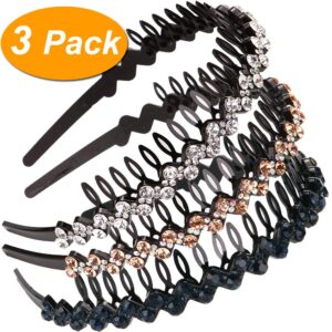 LONEEDY Wave Rhinestone and Crystal Teeth Comb Headbands For Women, Non-slip Hard Headbands (Silver+Gold+Dark blue)