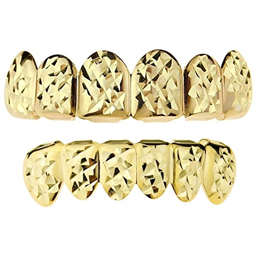 14k Gold Plated Grillz Set Diamond-Cut Grill Top & Bottom 12 Teeth Hip Hop Grills