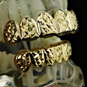 14k Gold Plated Grillz Set Diamond-Cut Grill Top & Bottom 12 Teeth Hip Hop Grills