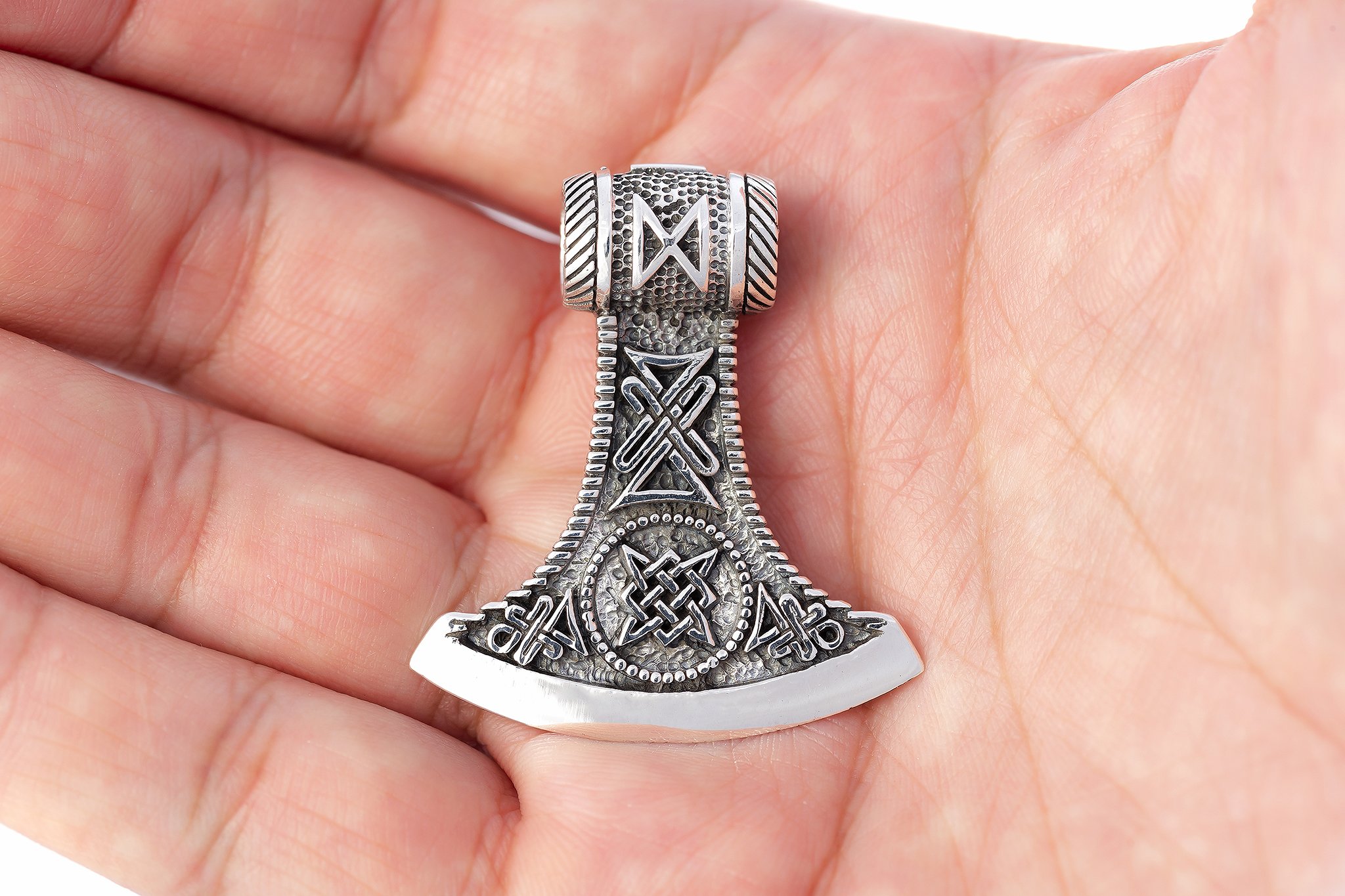 925 Sterling Silver Viking Knotwork Axe Double Sided Amulet Pendant