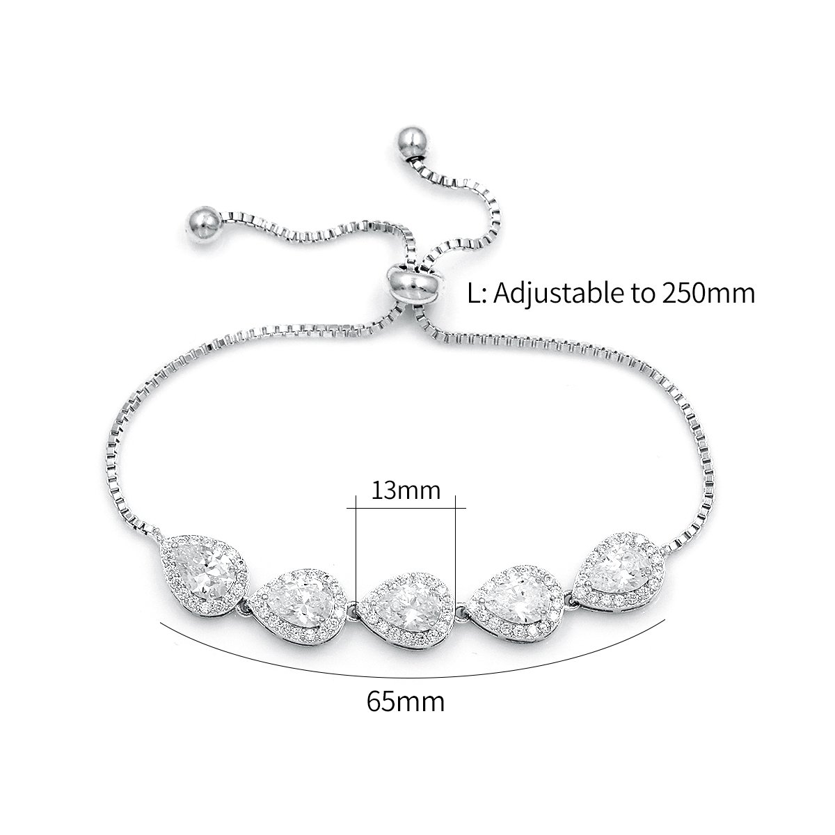 WeimanJewelry Cubic Zirconia CZ Wedding Bridal Pear Cut Adjustable Teardrop Chain Bracelet for Women Lady (Silver)