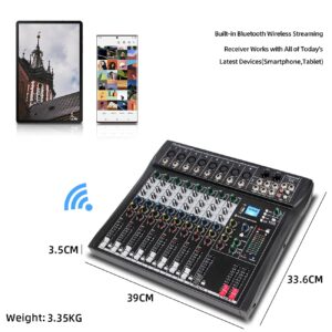 Depusheng DT8 Professional Mixer Sound Board Console 8 Channel Desk System Interface Digital USB Computer MP3 Input 48V Phantom Power Stereo DJ Studio FX Steel Chassis,Black