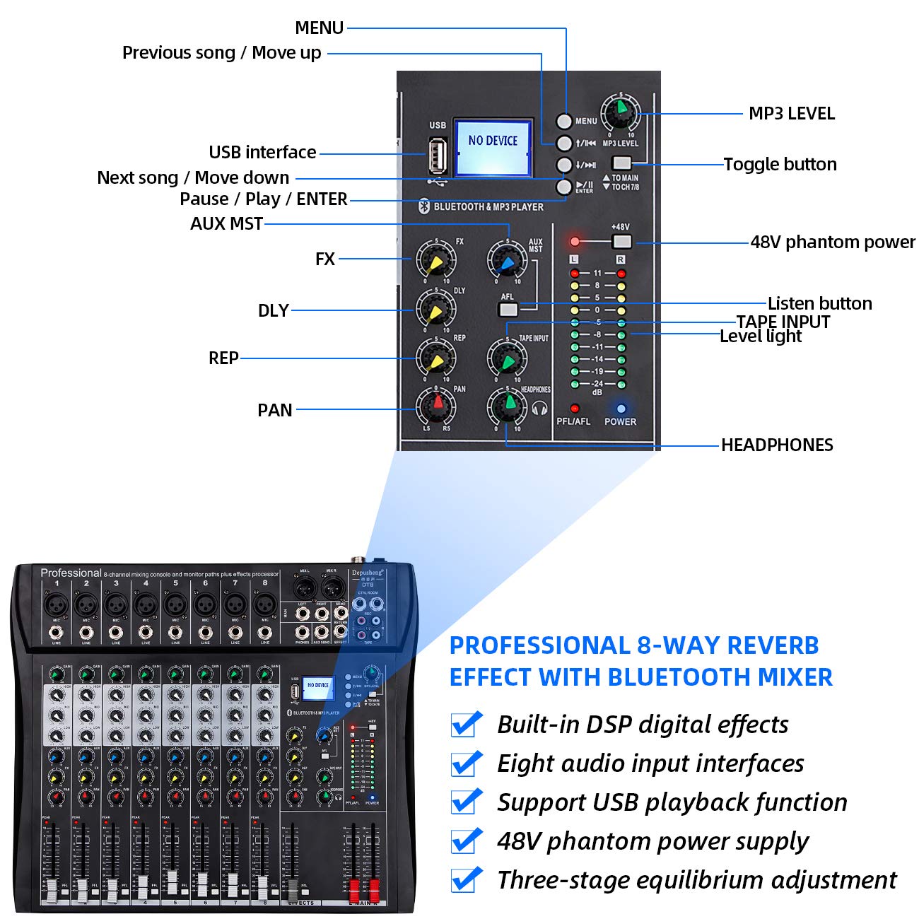 Depusheng DT8 Professional Mixer Sound Board Console 8 Channel Desk System Interface Digital USB Computer MP3 Input 48V Phantom Power Stereo DJ Studio FX Steel Chassis,Black