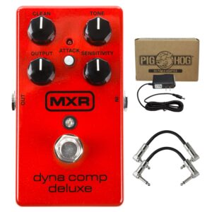 dunlop m228 mxr dyna comp deluxe compressor guitar effect pedal - red with 9v ac power adapter and 2 r-angle patch cable