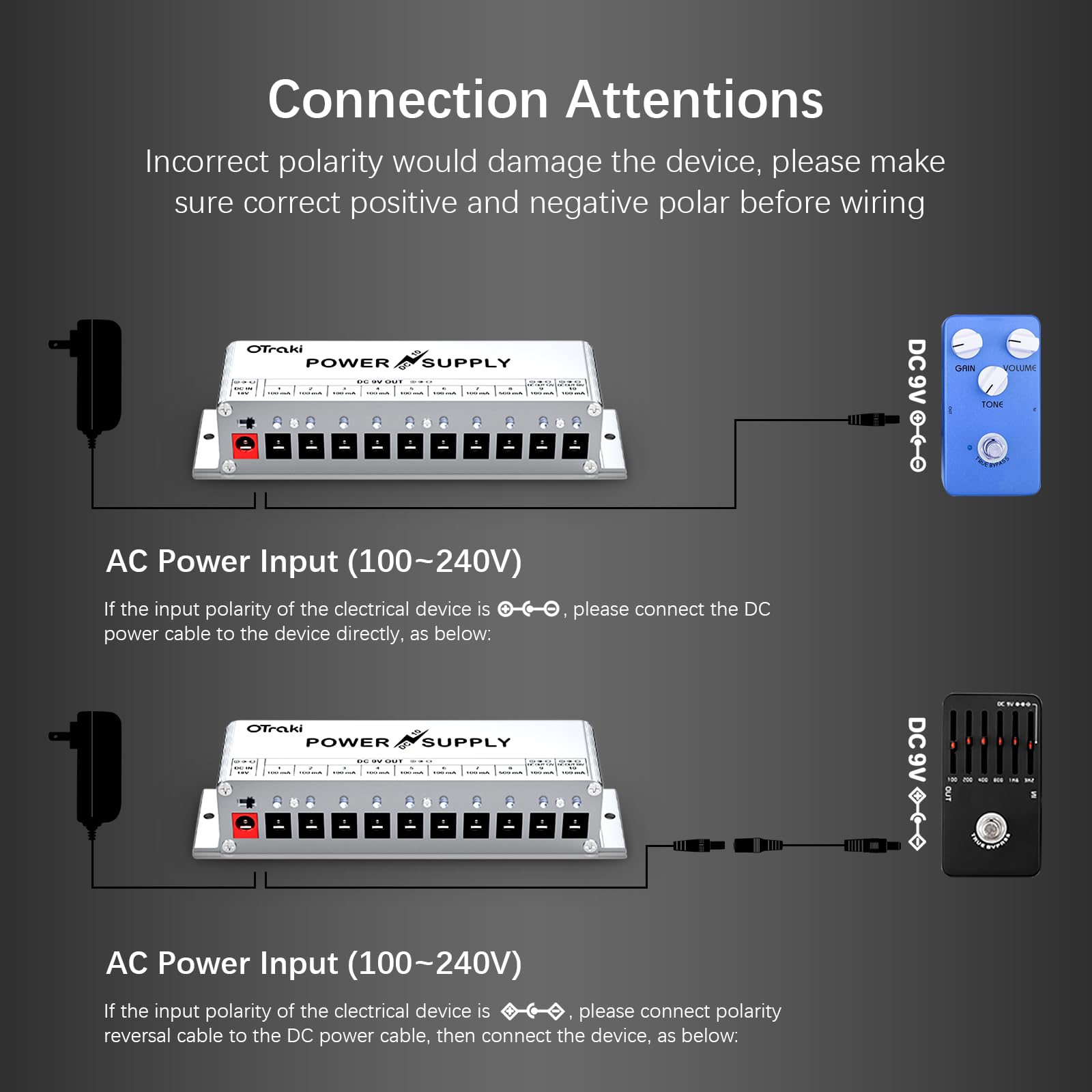 OTraki Guitar Pedal Power Supply 10 Individual DC Output Interfaces Pedal Power Supplies for 18V 12V 9V Effect Pedal Power Supply with Smart Short Circuit and Over Current LED Indicate, White