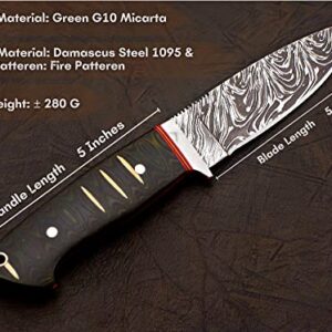 Handmade Damascus Hunting Knife with Sheath for Belt – 10 inches Fixed Blade full tang 1095 steel knife with Green Micarta Handle