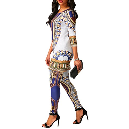 cnFaClu Women's Ethnic African Print Ethinc Floral Tunic Top Shirt Dress and Long Pants Set Tribal Suits 2 Pieces Outfit White XL