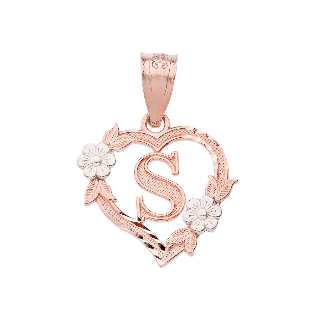 CaliRoseJewelry 14k Beautiful Two-Tone Initial Heart Pendant for Women in Rose and White Gold - Letter S