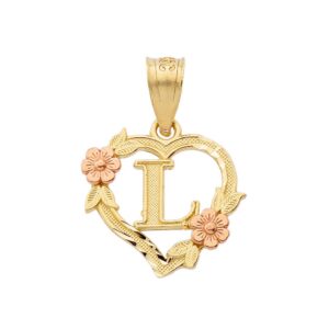 14k beautiful two-tone initial heart pendant for women in yellow and rose gold - letter l