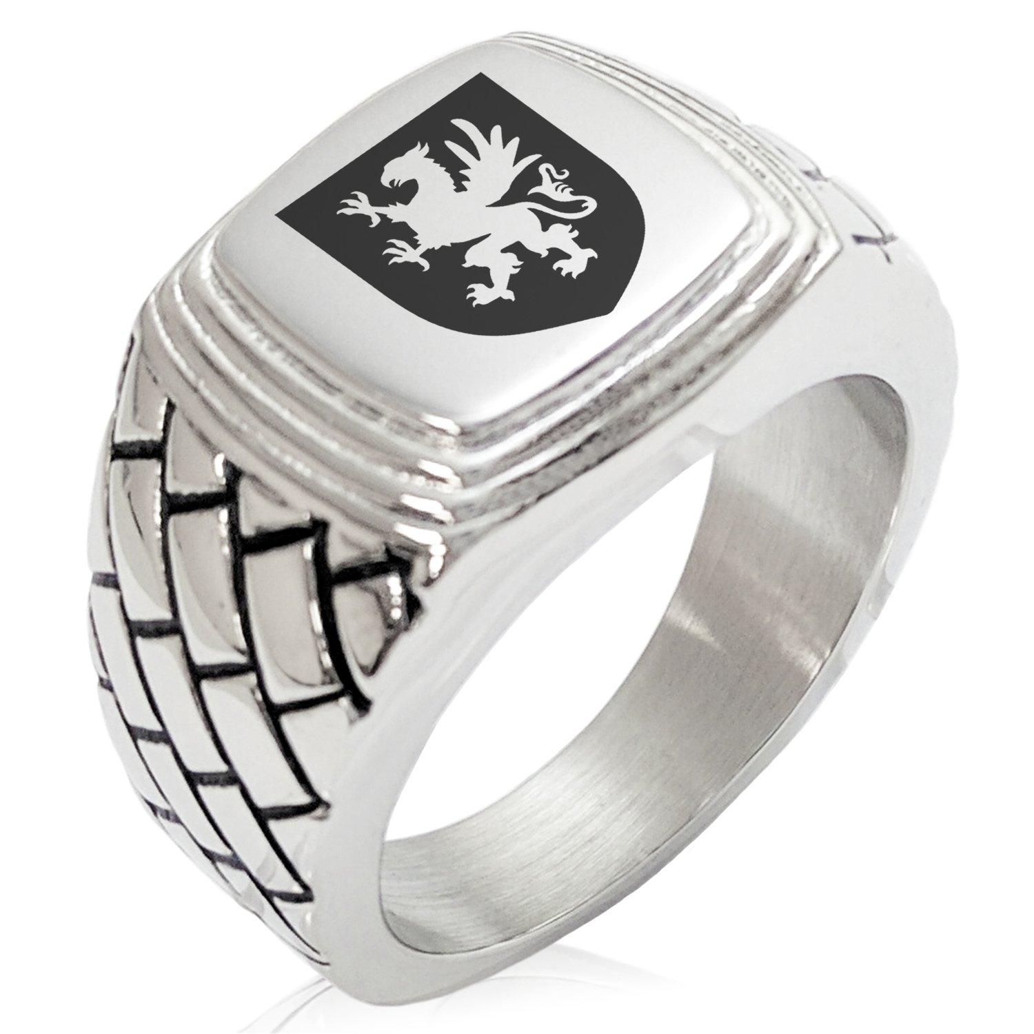 Two-Tone Stainless Steel Griffin Valor Coat of Arms Shield Engraved Geometric Pattern Step-Down Biker Style Polished Ring, Size 8