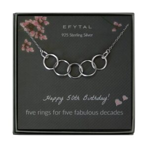 efytal 50th birthday gifts for women, 925 sterling silver five circle necklace for her, thick ring 5 decade jewelry 50 years old