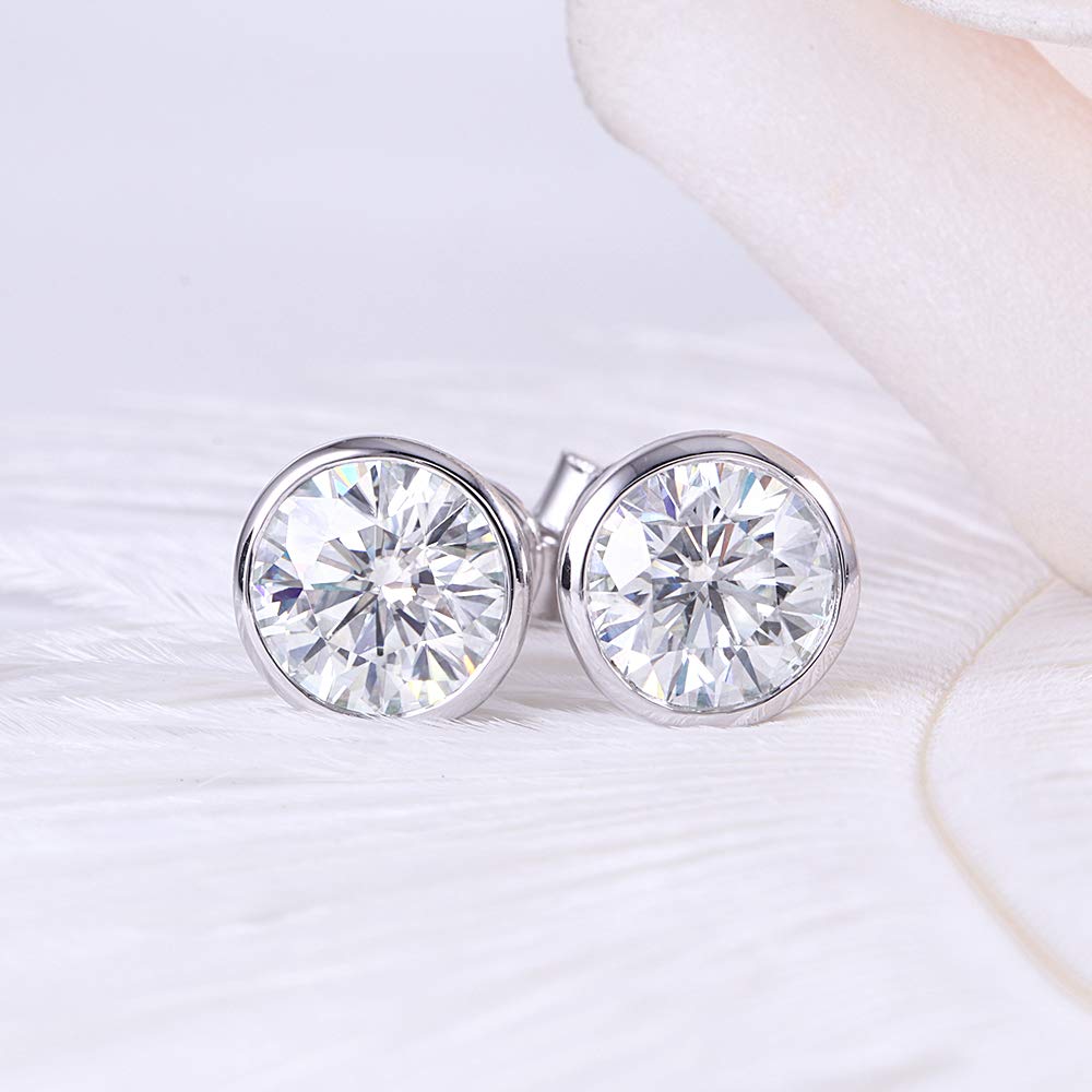 DovEggs Solid 10K White Gold Post 2ct 6.5mm Blue Moissanite Stud Earring Bezel Setting Push Back 14K Gold QUALITY Sterling Silver Earrings for Men and Women