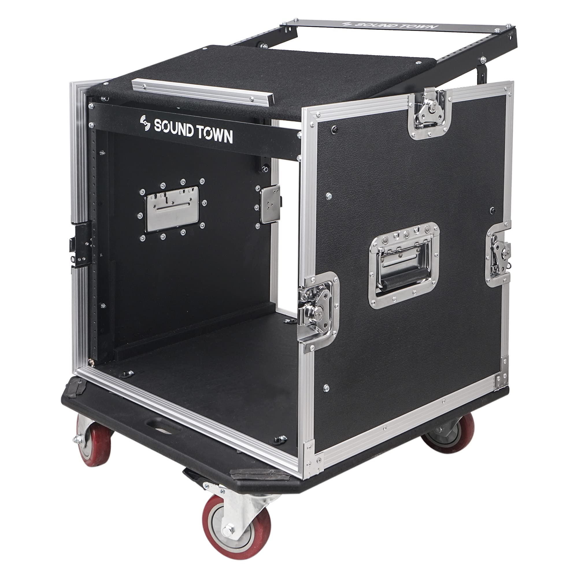 Sound Town Enhanced 1/2" (12mm) Plywood 10U PA DJ Pro Audio Rack/Road ATA Case with 11U Slant Mixer Top, 20’’ Rackable Depth and Casters, 10 Space Size, Pro Tour Grade (STMR-10UW)