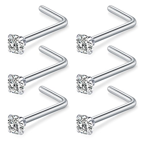 Briana Williams Nose Rings Studs-20G 2mm Clear Round Diamond CZ Surgical Steel Nose Stud Rings L Shaped Piercing Jewelry 6pcs