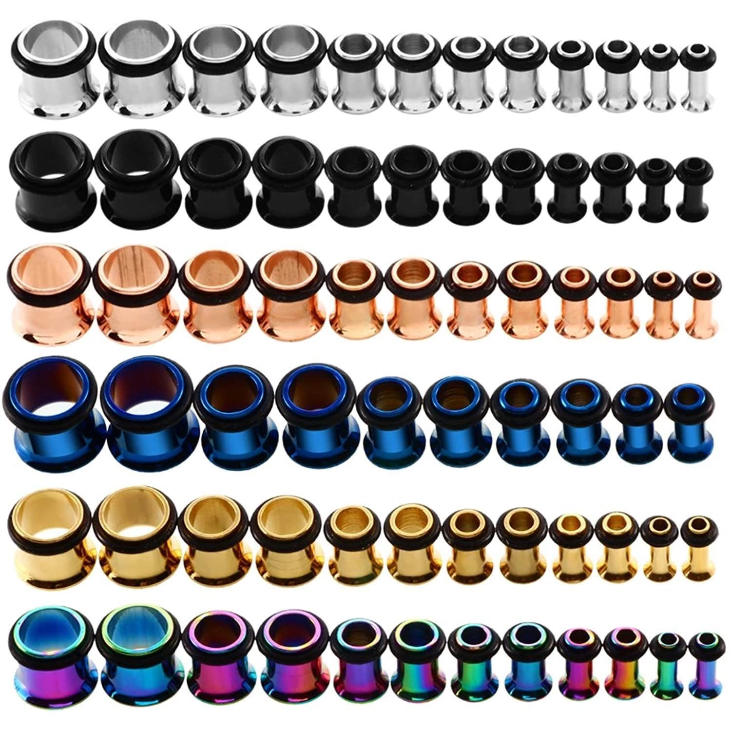 KUBOOZ 9pairs Stainless Steel Single Flared Ear Plugs Kit Tunnels Gauges Stretcher Piercings Mixed Size 14G-00G