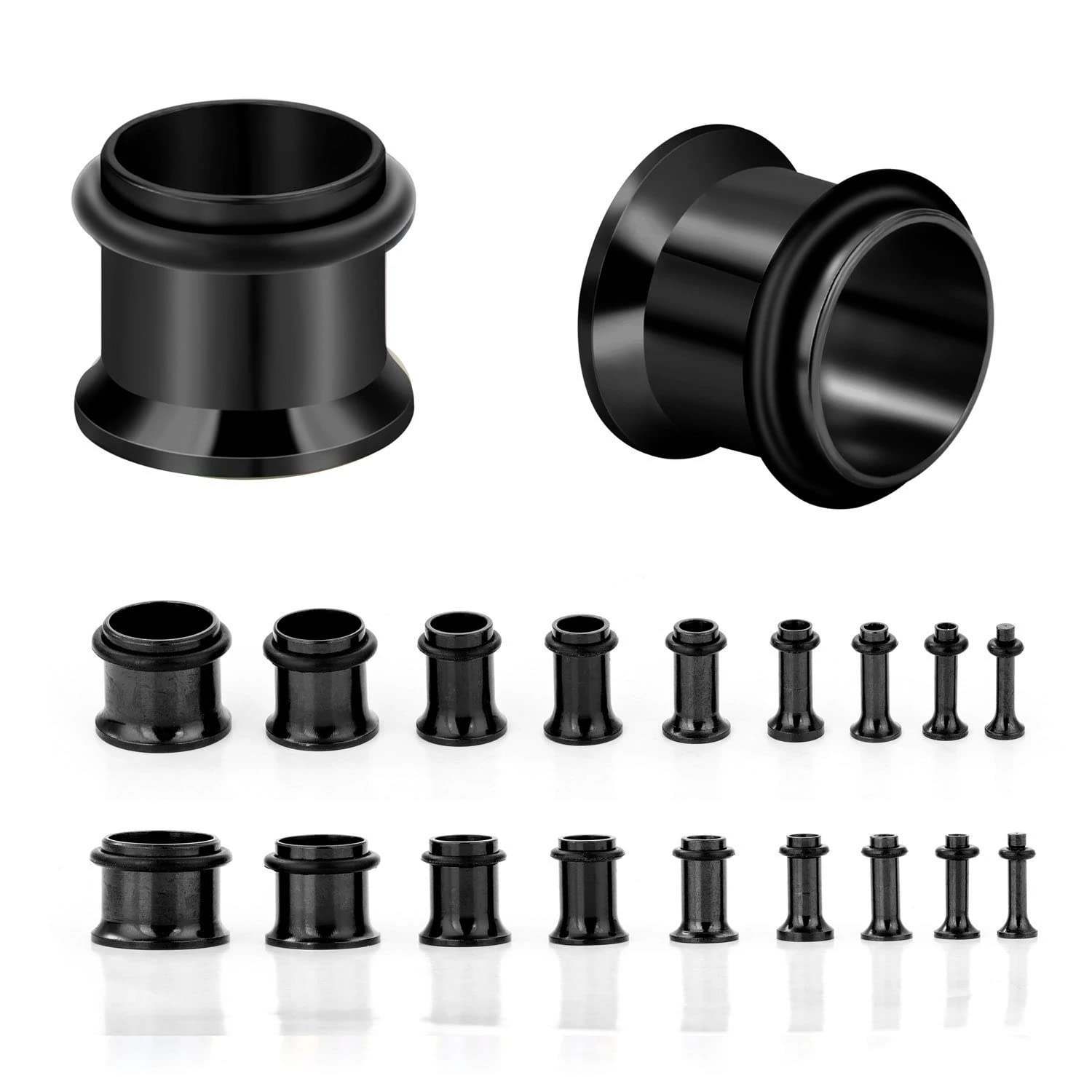 KUBOOZ 9pairs Stainless Steel Single Flared Ear Plugs Kit Tunnels Gauges Stretcher Piercings Mixed Size 14G-00G