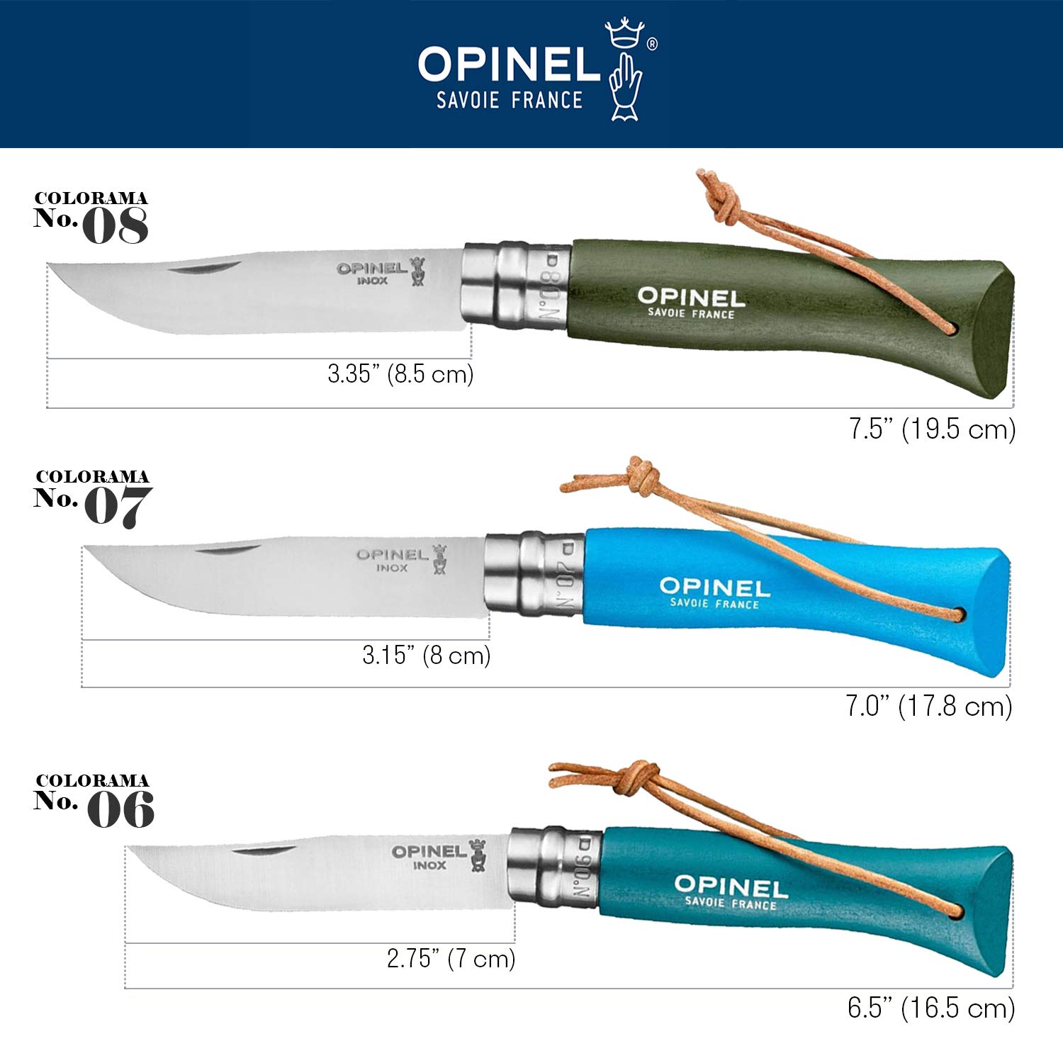 Opinel Colorama Series No. 8 - Stainless Steel Everyday Carry Folding Pocket Knife with Leather Strap, Painted Hornbeam Handles, Deep Blue