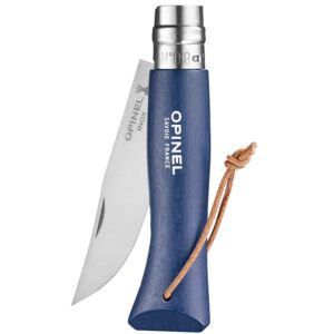 Opinel Colorama Series No. 8 - Stainless Steel Everyday Carry Folding Pocket Knife with Leather Strap, Painted Hornbeam Handles, Deep Blue