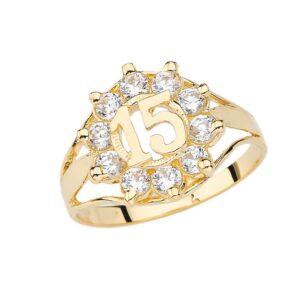 Elegant 14k Yellow Gold CZ Quinceanera Ring (Size 6.5)