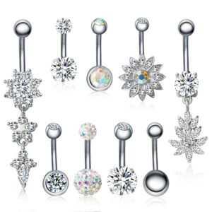 JDXN 6-8PCS 14G Stainless Steel Belly Button Rings CZ Pineapple Dangling Dangle Navel Ring Body Piercing (9PCS/SET Silver)