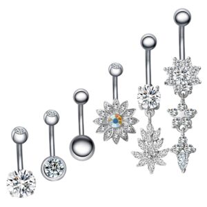 JDXN 6-8PCS 14G Stainless Steel Belly Button Rings CZ Pineapple Dangling Dangle Navel Ring Body Piercing (9PCS/SET Silver)