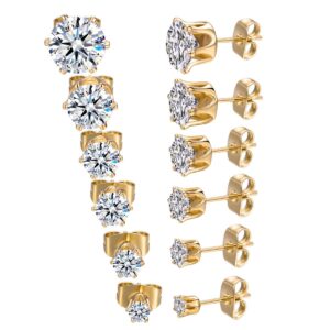 MDFUN 14K Yellow Gold Plated Round Clear Cubic Zirconia Stud Earring Pack of 6 Pairs (6 Pairs)