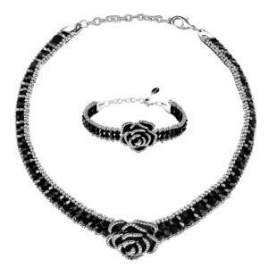 lavencious black beaded choker necklace and bracelet set with black enamel crystal rose pendant lobster clasp (black)