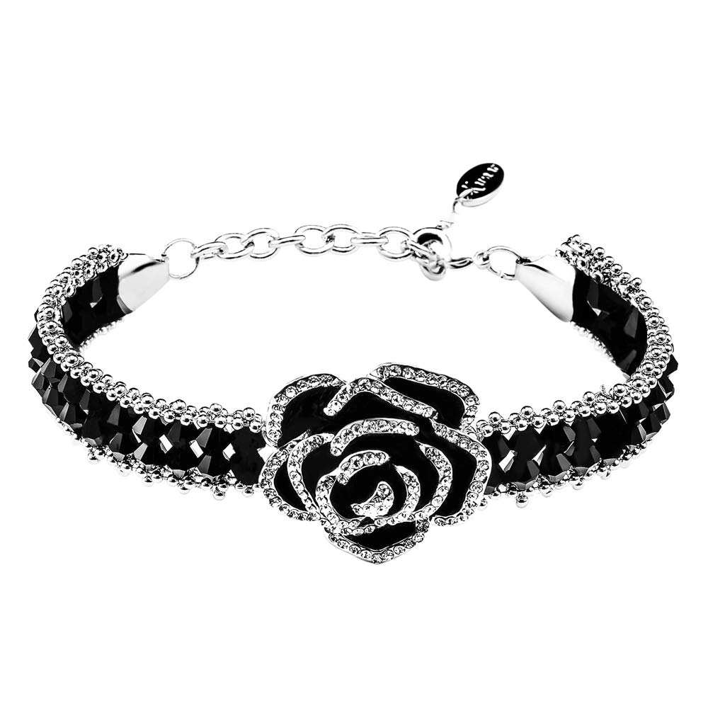 Lavencious Black Beaded Choker Necklace and Bracelet Set with Black Enamel Crystal Rose Pendant Lobster Clasp (Black)