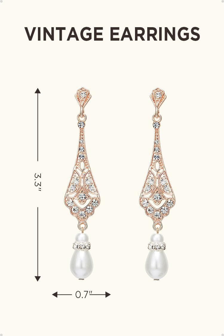 BABEYOND 1920s Vintage Wedding Pearl Dangle Drop Earrings Art Deco Gatsby Earrings (Style 5-Rose Gold)