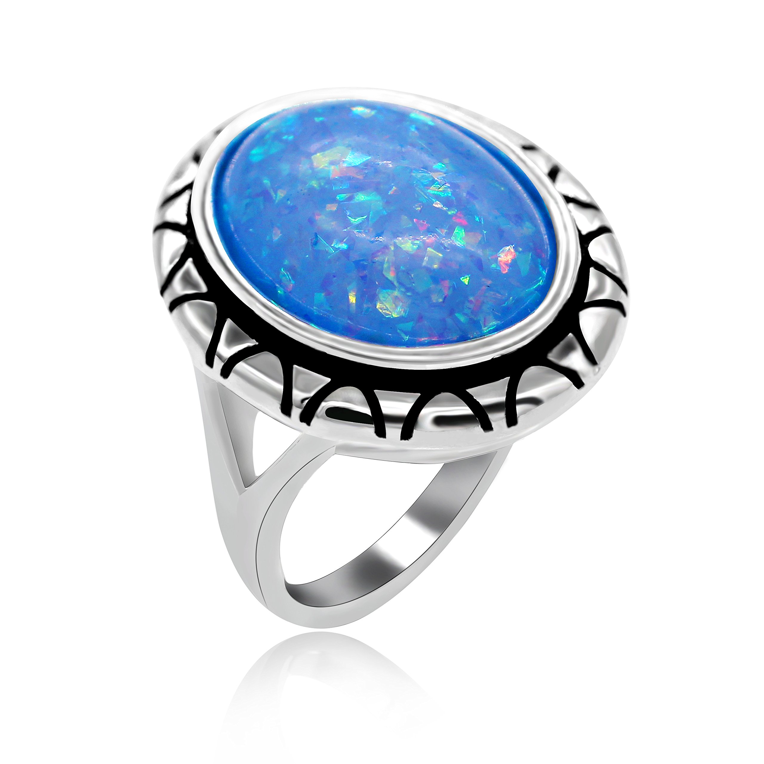 Uloveido Big Oval Blue Simulated Opal Crystal Retro Floral Solitaire Cocktail Ring for Women Mens Anniversary Birthday Jewelry Rings Gift Size 6 RA0309