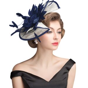 Z&X Navy Blue And White Fascinator Hat Sinamay Feather Floral Derby Hat For Women, Fascinator 1- Navy Blue+White, ONE SIZE