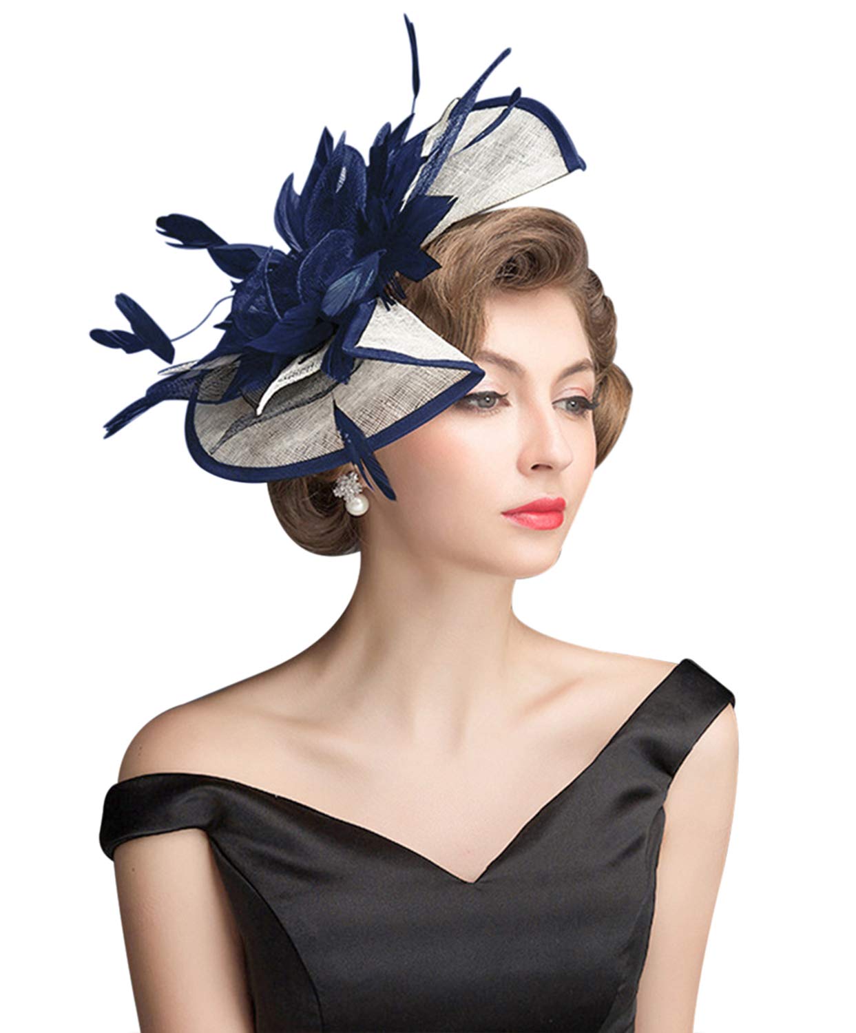 Z&X Navy Blue And White Fascinator Hat Sinamay Feather Floral Derby Hat For Women, Fascinator 1- Navy Blue+White, ONE SIZE