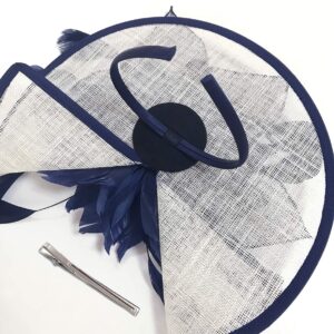 Z&X Navy Blue And White Fascinator Hat Sinamay Feather Floral Derby Hat For Women, Fascinator 1- Navy Blue+White, ONE SIZE