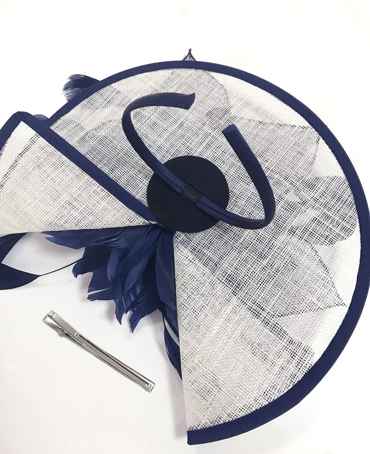 Z&X Navy Blue And White Fascinator Hat Sinamay Feather Floral Derby Hat For Women, Fascinator 1- Navy Blue+White, ONE SIZE